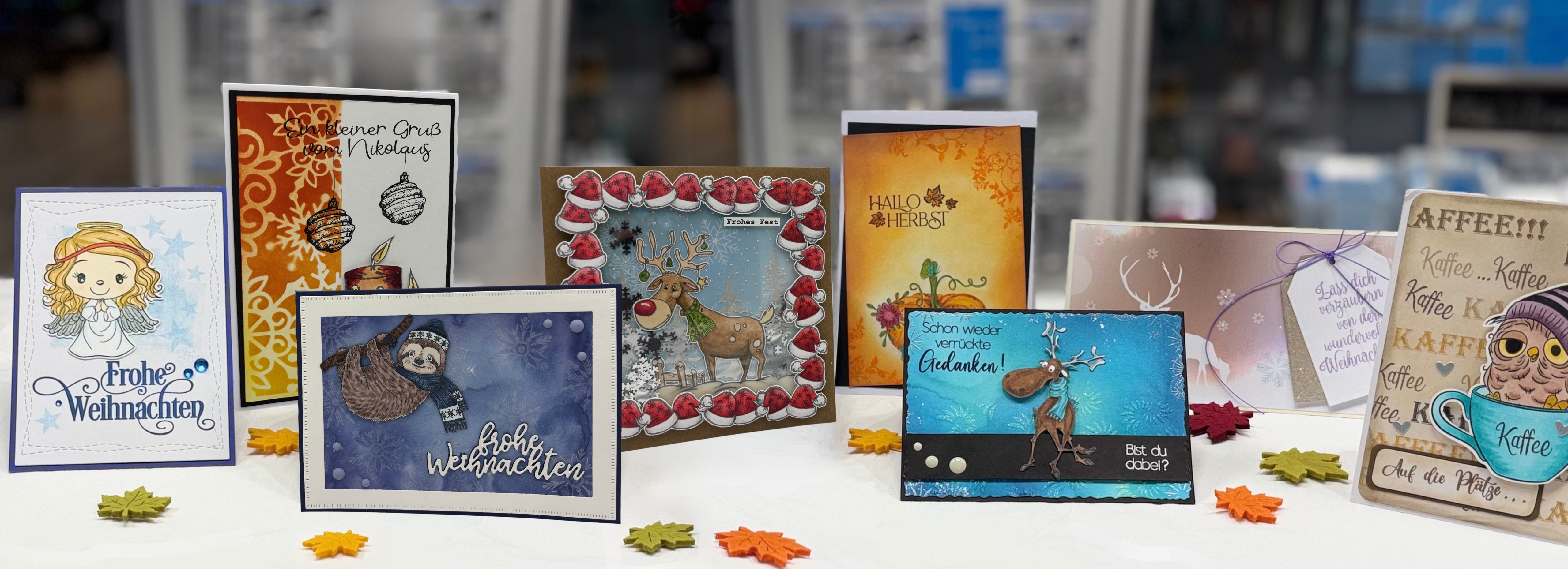Selbst gestaltete Weihnachts- und Herbstkarten mit Memories4you Clearstamps und Stencils